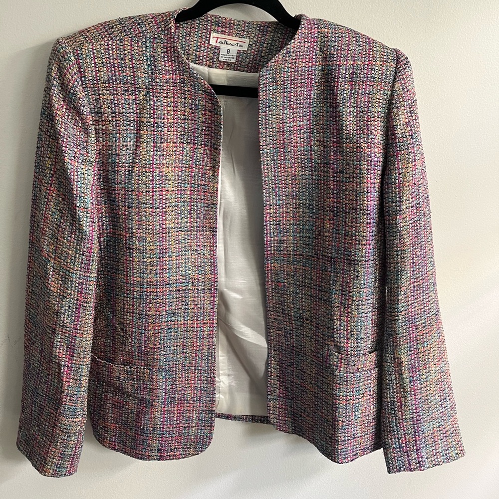 Talbots Size 8 Tweed Blazer Silk Jacket Multicolor Open Front Shoulder Pads USA